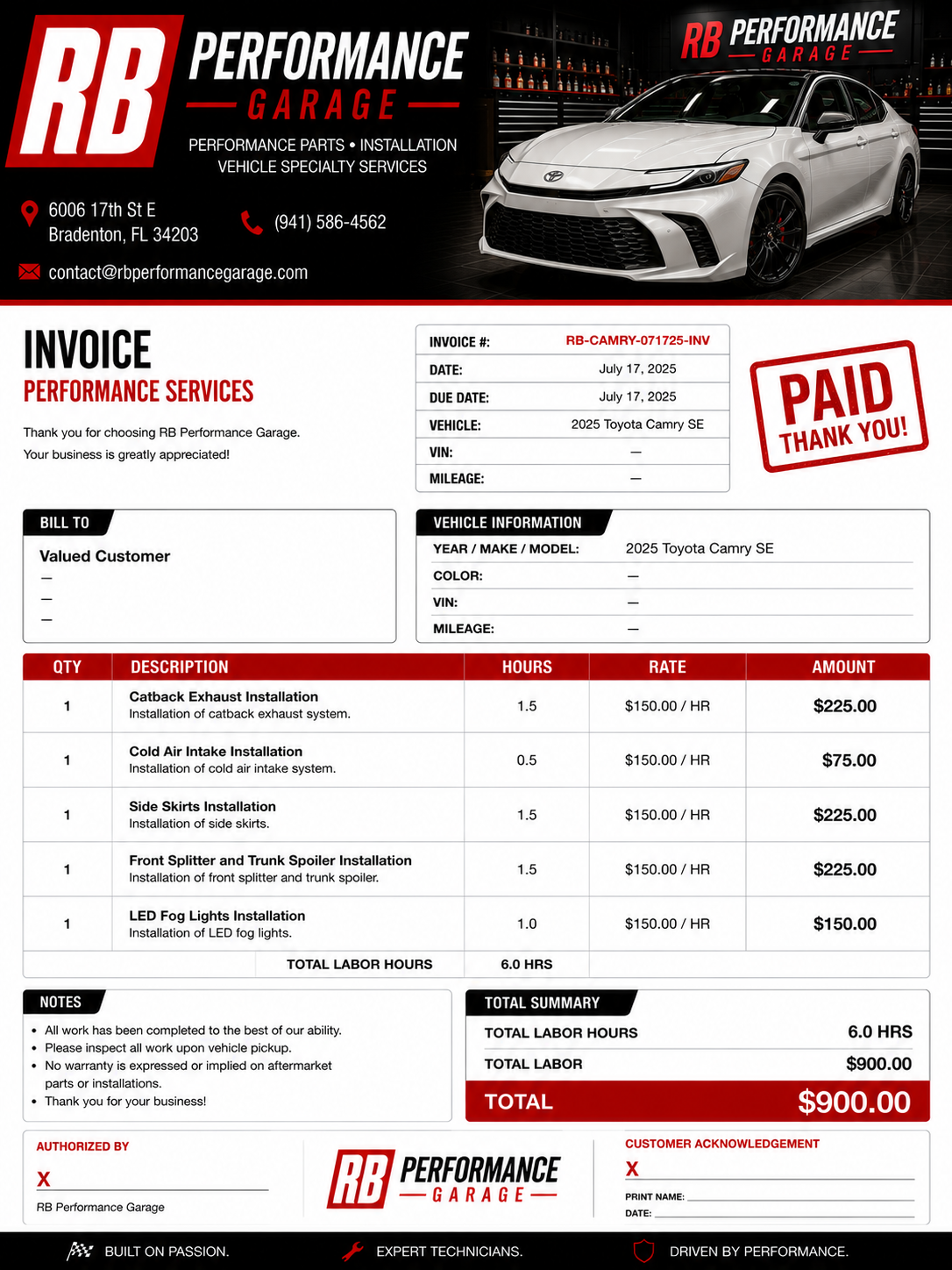 2025 Camry SE Installation Package